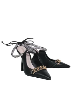 Schutz - Black Leather Ankle Wrap Pointed Toe Pumps w/ Chain Trim Sz 8
