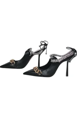 Schutz - Black Leather Ankle Wrap Pointed Toe Pumps w/ Chain Trim Sz 8