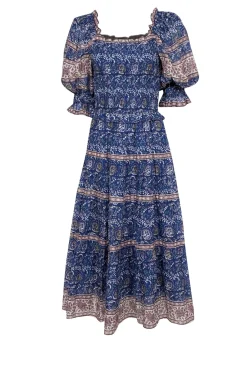 Sea NY - Blue w/ Multicolor Paisley Print Smocked Midi Dress Sz XS