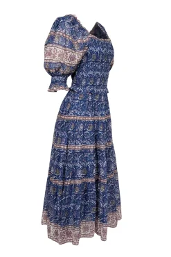 Sea NY - Blue w/ Multicolor Paisley Print Smocked Midi Dress Sz XS