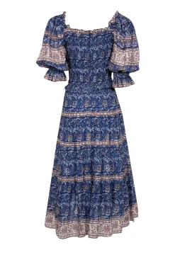 Sea NY - Blue w/ Multicolor Paisley Print Smocked Midi Dress Sz XS