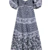 Sea NY - Navy & White Print Maxi Puff Sleeve Dress Sz M