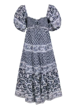 Sea NY - Navy & White Print Maxi Puff Sleeve Dress Sz M