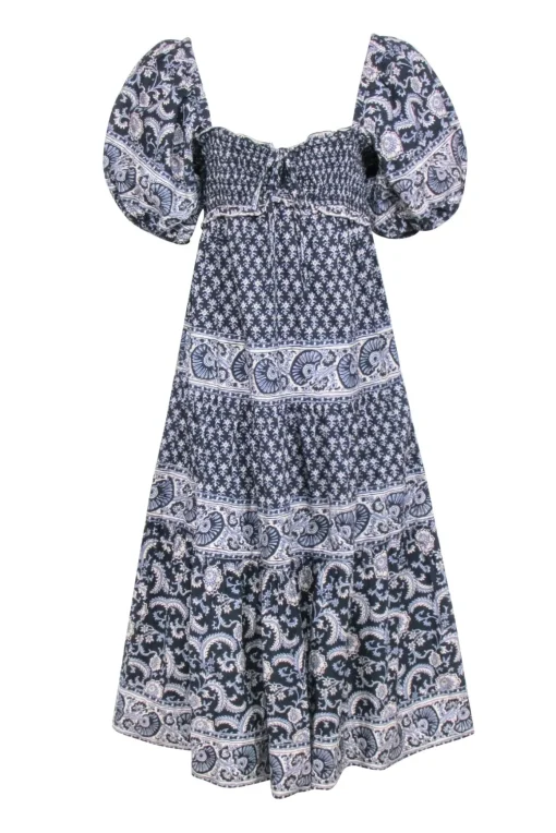 Sea NY - Navy & White Print Maxi Puff Sleeve Dress Sz M