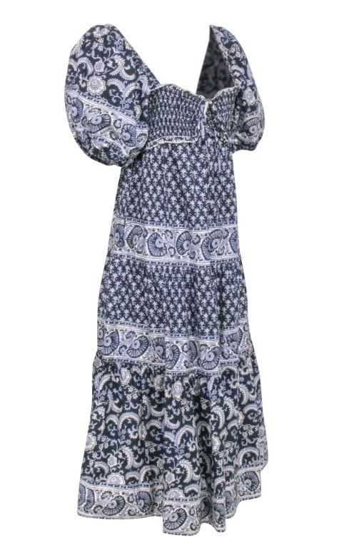 Sea NY - Navy & White Print Maxi Puff Sleeve Dress Sz M