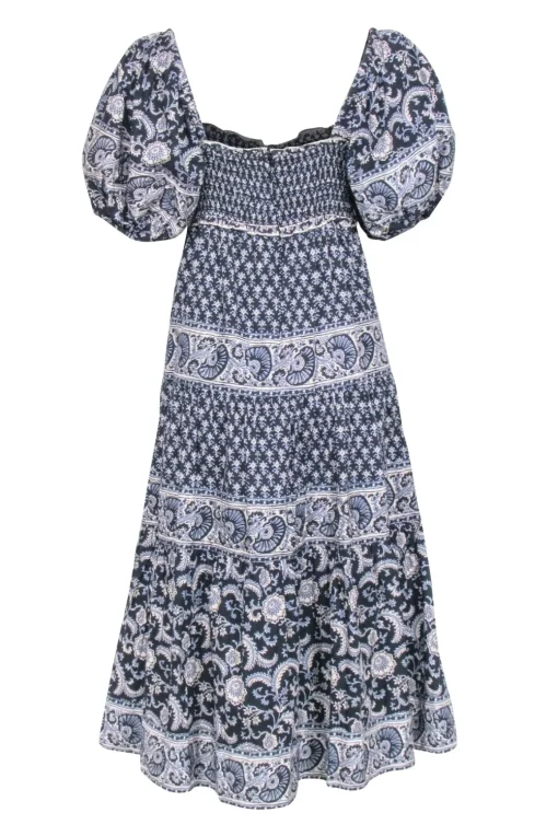 Sea NY - Navy & White Print Maxi Puff Sleeve Dress Sz M