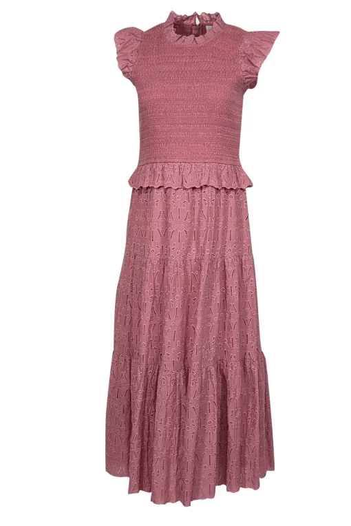 Sea NY - Rose Pink Smocked Bodice Eyelet Lace Midi Dress Sz 6