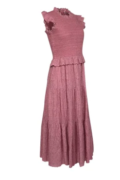 Sea NY - Rose Pink Smocked Bodice Eyelet Lace Midi Dress Sz 6