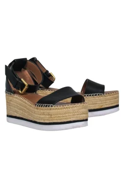 See by Chloe - Black Leather Espadrille Flatform Sandals Sz 8