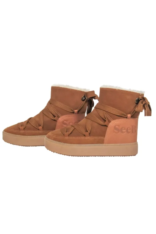 See by Chloe - Brown Suede Shearling-Lined Moccasin Lace-Up-Style Boots Sz 9