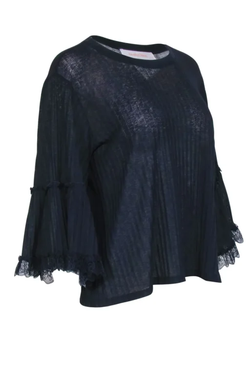 See By Chloe - Navy Line Textured Lace Trimmed Long Sleeve Shirt Sz M