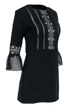 Self-Portrait - Black Long Sleeve Lace Trim Mini Dress Sz 6