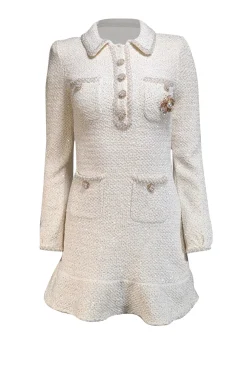 Self-Portrait - Cream Metallic Knit Embellished Dress Sz S