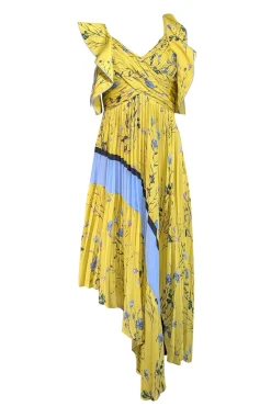 Self-Portrait - Yellow & Blue Floral Off The Shoulder Pleated Maxi Dress Sz 2