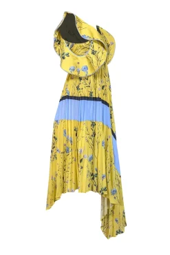 Self-Portrait - Yellow & Blue Floral Off The Shoulder Pleated Maxi Dress Sz 2