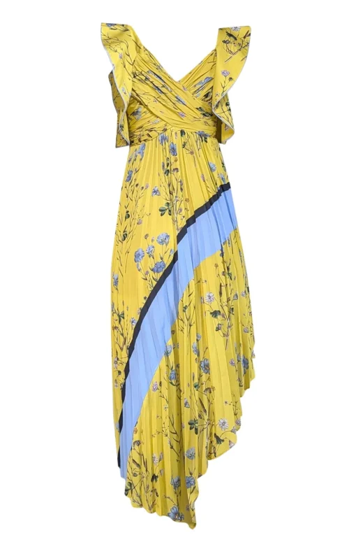 Self-Portrait - Yellow & Blue Floral Off The Shoulder Pleated Maxi Dress Sz 2