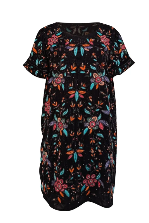 Sezane - Black Velvet w/ Pink, Orange, & Green Beaded Detail "Ema" Dress Sz 10