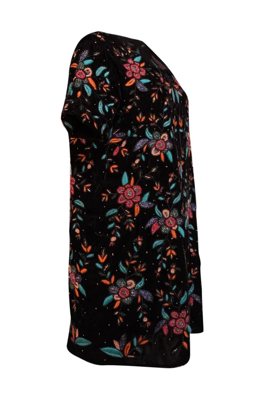 Sezane - Black Velvet w/ Pink, Orange, & Green Beaded Detail "Ema" Dress Sz 10