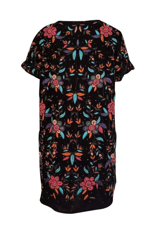 Sezane - Black Velvet w/ Pink, Orange, & Green Beaded Detail "Ema" Dress Sz 10