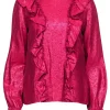 Sezane - Hot Pink Metallic Mock Neck Ruffled Top Sz 6