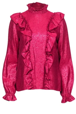 Sezane - Hot Pink Metallic Mock Neck Ruffled Top Sz 6