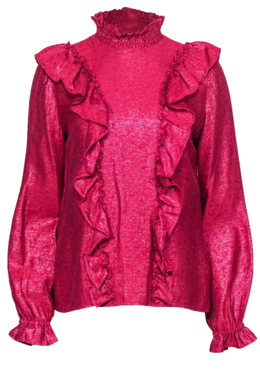 Sezane - Hot Pink Metallic Mock Neck Ruffled Top Sz 6