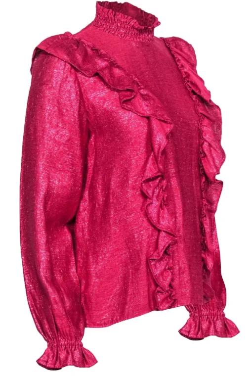 Sezane - Hot Pink Metallic Mock Neck Ruffled Top Sz 6