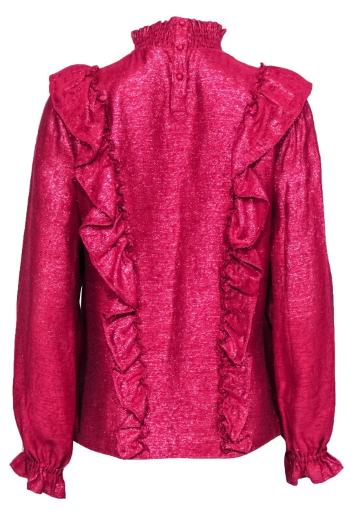 Sezane - Hot Pink Metallic Mock Neck Ruffled Top Sz 6