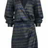 Sezane - Navy & Gold Metallic Chevron Pattern Long Sleeve Dress Sz 12