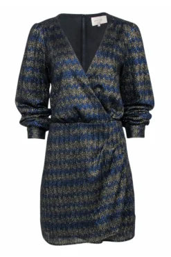 Sezane - Navy & Gold Metallic Chevron Pattern Long Sleeve Dress Sz 12