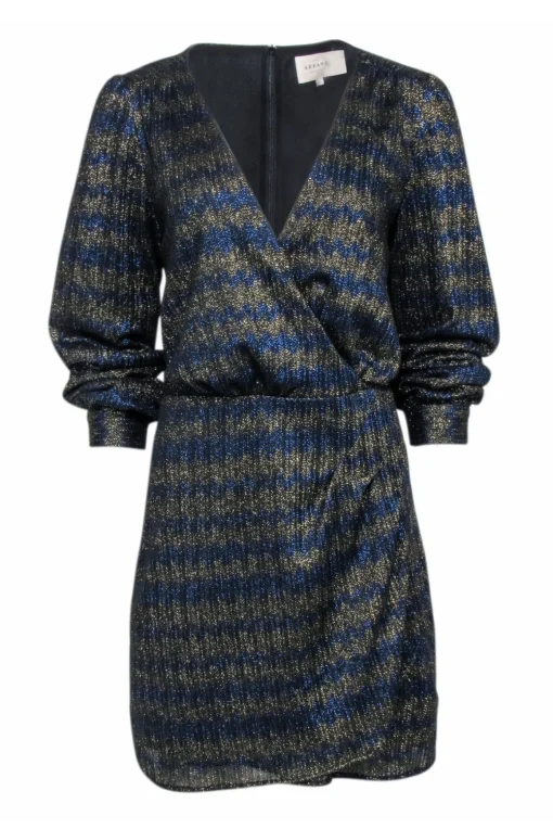 Sezane - Navy & Gold Metallic Chevron Pattern Long Sleeve Dress Sz 12