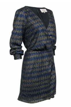 Sezane - Navy & Gold Metallic Chevron Pattern Long Sleeve Dress Sz 12