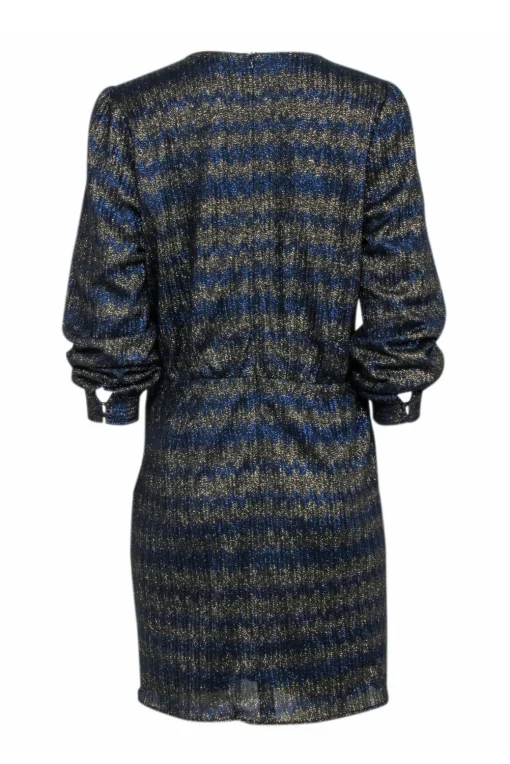 Sezane - Navy & Gold Metallic Chevron Pattern Long Sleeve Dress Sz 12
