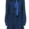 Sezane - Navy Seersucker Long Sleeve Shift Dress w/ Tie Neck Sz 8
