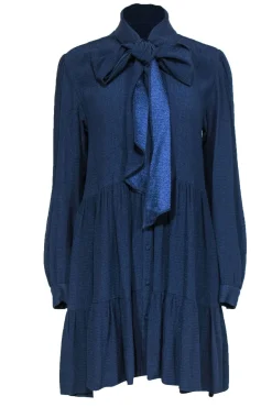 Sezane - Navy Seersucker Long Sleeve Shift Dress w/ Tie Neck Sz 8
