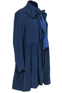 Sezane - Navy Seersucker Long Sleeve Shift Dress w/ Tie Neck Sz 8