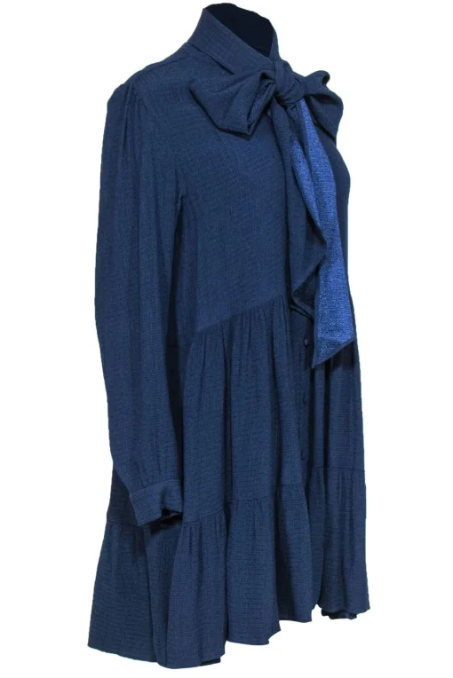 Sezane - Navy Seersucker Long Sleeve Shift Dress w/ Tie Neck Sz 8