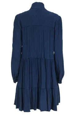Sezane - Navy Seersucker Long Sleeve Shift Dress w/ Tie Neck Sz 8