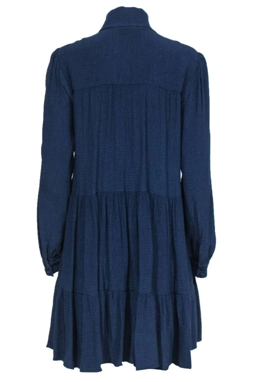 Sezane - Navy Seersucker Long Sleeve Shift Dress w/ Tie Neck Sz 8