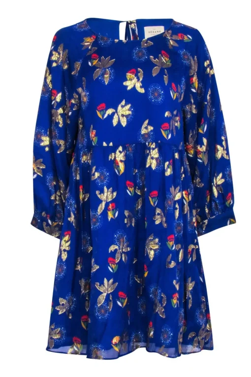 Sezane - Royal Blue w/ Gold & Multi Color Floral Print Sz 8