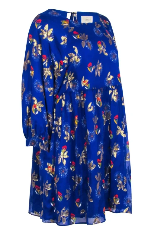 Sezane - Royal Blue w/ Gold & Multi Color Floral Print Sz 8
