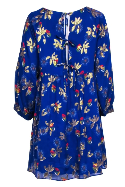 Sezane - Royal Blue w/ Gold & Multi Color Floral Print Sz 8
