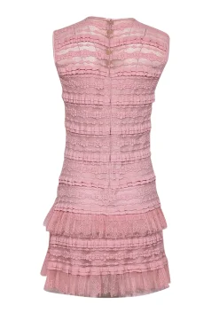 SHO by Tadashi Shoji - Pink Sleeveless Ruffle Layered Lace Mini Dress Sz S