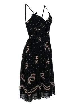 Shoshanna - Black Silk A-Line Cocktail Dress w/ Lace Trim & Nude Print Sz 2