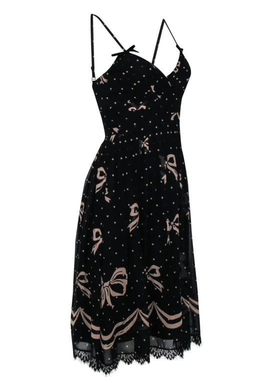 Shoshanna - Black Silk A-Line Cocktail Dress w/ Lace Trim & Nude Print Sz 2