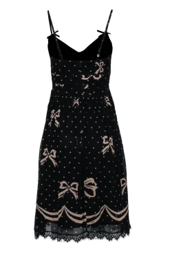 Shoshanna - Black Silk A-Line Cocktail Dress w/ Lace Trim & Nude Print Sz 2