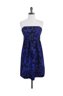 Shoshanna - Blue & Black Floral Print Silk Strapless Dress Sz 6