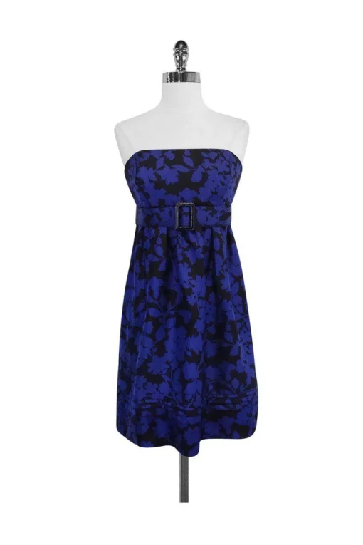Shoshanna - Blue & Black Floral Print Silk Strapless Dress Sz 6