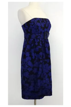 Shoshanna - Blue & Black Floral Print Silk Strapless Dress Sz 6