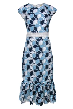Shoshanna - Blue & White Embroidered Cap Sleeve Midi Dress w/ Flounce Hem Sz 10